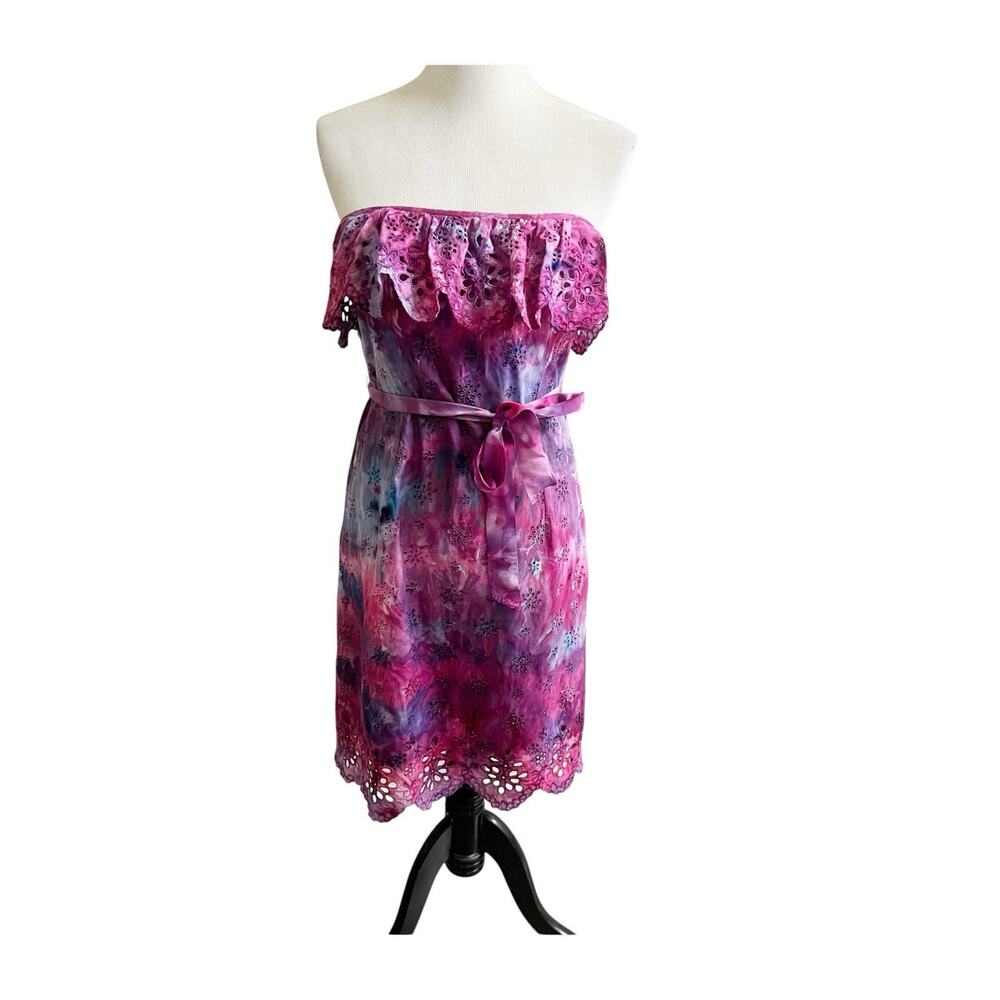 MILLY Tie Dye Strapless Dress Knee Length Purple Ruffle Tiered Size 8 Tie Waist